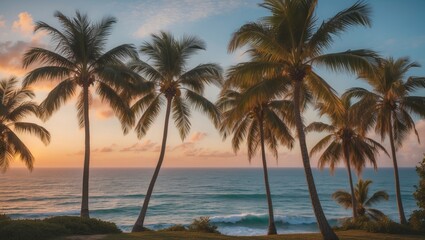 Tranquil Sunset Over Ocean with Silhouetted Palm Trees Creating a Serene Coastal Landscape Scene
