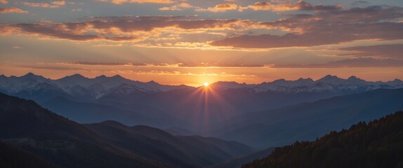 Sunrise over mountain range with dramatic cloud formations and rays of light illuminating the landscape Copy Space