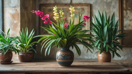 Fototapeta premium Vibrant Floral Arrangement in Decorative Vase on Rustic Table with Potted Plants in Elegant Interior Setting