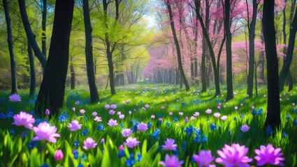 Fototapeta premium Colorful spring landscape with blooming flowers in a vibrant forest, soft lighting and lush greenery, suitable for nature themes, Copy Space