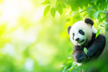 Naklejka premium A giant panda relaxing on a tree branch in a lush green environment. The calm expression and natural surroundings emphasize the beauty of wildlife and nature.