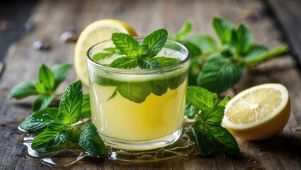 Fototapeta premium Fresh mint lemonade drink in a glass garnished with mint leaves and lemon slices on a wooden table with copy space for text