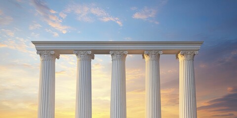 Fototapeta premium Greek Revival columns standing majestically against a vibrant sunset, showcasing intricate details and shadows in warm light.
