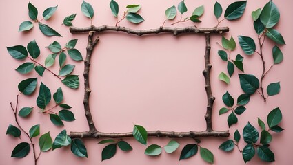 Green leaves and branches arranged in a rectangular frame on a pink background with copy space for text
