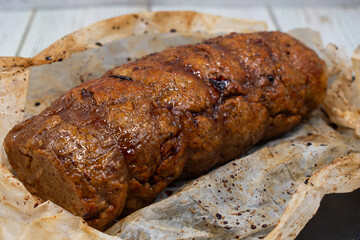 Vegan mock meat; made of wheat gluten; plant based. Steamed; roasted and sliced