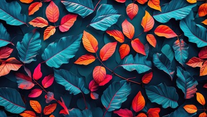 Fototapeta premium Colorful autumn leaves background with vibrant hues of red, orange, and teal on a dark surface Copy Space