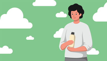 Man Holding Mineral Water Bottle with Green Cloudy Background. Character Design for Healthy, Sport, Recreation, and Positive Life