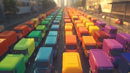 Fototapeta premium Colorful truck convoy, city backdrop.