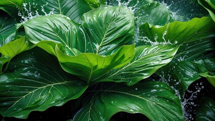 Obraz premium Close-up of green tropical leaves with water droplets and splashes, vibrant foliage in natural setting, Copy Space