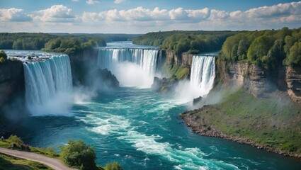 Obraz premium Scenic view of waterfalls cascading into turquoise river surrounded by lush greenery and clear blue sky with clouds mountains in background Copy Space