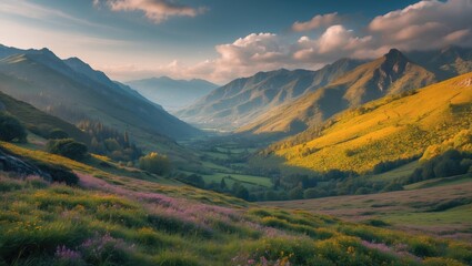 Fototapeta premium Vast panoramic view of green rolling hills in a valley surrounded by mountains during golden hour with colorful wildflowers in the foreground Copy Space