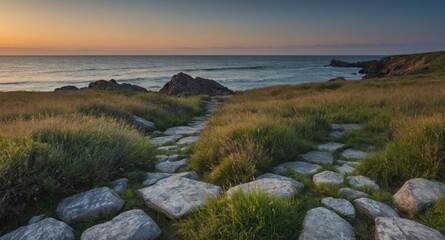 Coastal pathway through grassy landscape leading to the ocean at sunset with clear sky and rocky shoreline Copy Space