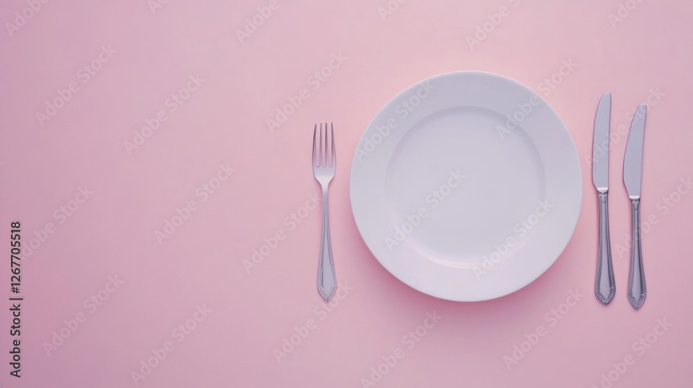 Aufkleber Elegant table setting with white plate and silverware on a pastel pink background for a dining experience. Generative AI