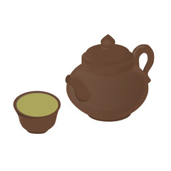 Green tea in a Clay Mug and Brown Teapot with Oriental Design. Clay Table set
