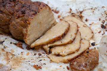 Plant based meat alternative- seitan made of vital wheat gluten.  Seasoned, air fried.