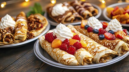 Mobile food carts offering sweet and savory crepes topped with fruits and whipped cream illuminated by warm lights creating a cozy late-night vibe