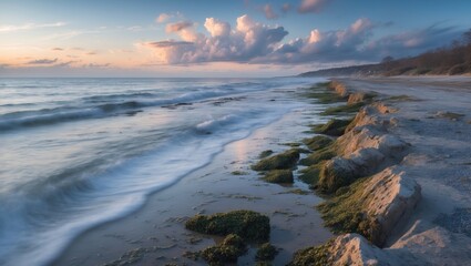 Obraz premium Coastal landscape with rocky shoreline and gentle waves at sunset, featuring clouds and seaweed on the beach, Copy Space