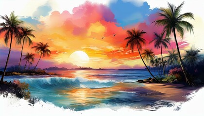 hawaii paradise seascape caribbean resort tropic palm shore watercolor wave sunrise horizon