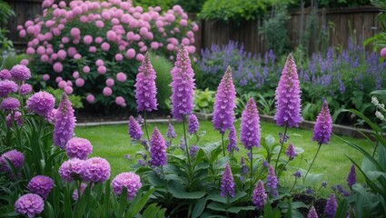 Obraz premium Colorful flower garden with tall purple spikes and pink round blooms in lush greenery with well-maintained lawn and soft lighting Copy Space
