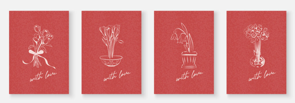 A set of minimalistic greeting flower cards, hand drawn in white chalk. Tulips, crocuses, lilies of the valley, daffodils. For spring holidays, Mother's Day, women's Day. Vector illustration.