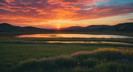 Obraz premium Sunset over peaceful lake with vibrant colors reflecting on water surrounded by green grass and hills in the background Copy Space