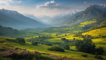 Naklejka premium Stunning panoramic view of a lush green valley surrounded by majestic mountains with a clear sky and dramatic clouds Copy Space