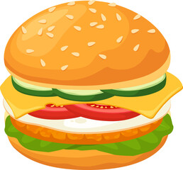 Tasty burger with sesame bun, meat, cheese, cucumber, tomato, lettuce and mayonnaise filling isolated on white background representing delicious fast food meal