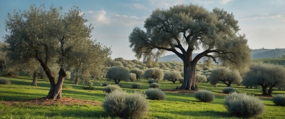 Olive trees in a lush green landscape with a large tree in the foreground and smaller shrubs, suitable for nature and agriculture themes Copy Space