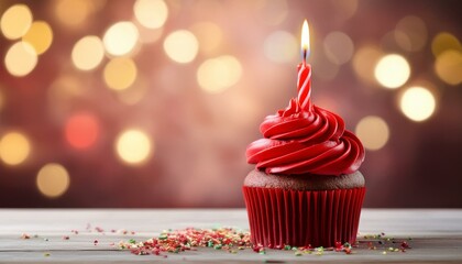 red birthday cupcake with candle