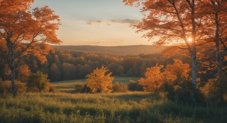 Fototapeta premium Autumn landscape with vibrant orange and yellow trees during sunset over a serene meadow with gentle hills in the background Copy Space