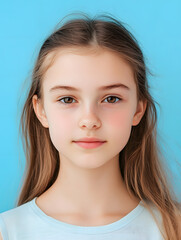 Fototapeta premium Portrait girl ID photo on blue background
