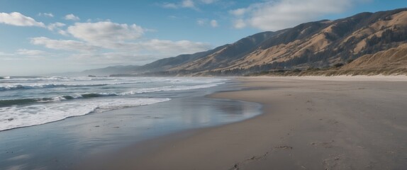 Naklejka premium Coastal landscape with gentle waves and sandy beach under a blue sky with clouds mountains in the background Copy Space