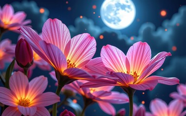 Fototapeta premium A stunning close-up of vibrant, glowing flowers in full bloom, illuminated with soft golden light. 