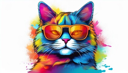 Fototapeta premium cartoon colorful cat with sunglasses on white background created with generative ai