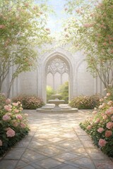 Renaissance courtyard gardens lush with colorful flowers, ornate stone pathways, and intricate fountains creating a peaceful retreat.