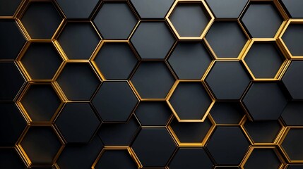 Abstract black and gold hexagon pattern background.