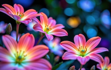 Fototapeta premium A stunning close-up of vibrant, glowing flowers in full bloom, illuminated with soft golden light. 