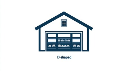 Simple D-shaped storage building with shelves, illustration