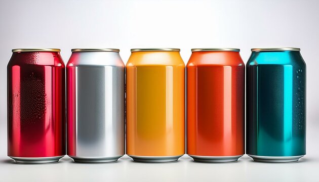 bright multi colored cans with drinks on a white background