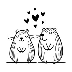 Two cute cartoon animals, capybaras, are holding hands and surrounded by hearts. Concept of love and affection