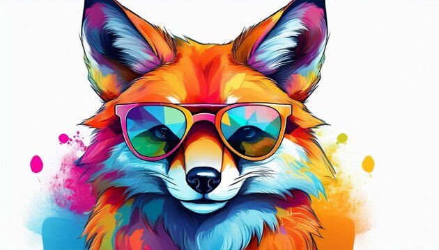 cartoon colorful fox with sunglasses on white background created with generative ai