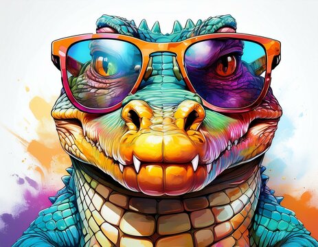 cartoon colorful crocodile with sunglasses on white background