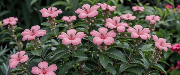 Fototapeta premium Pink flowering plants with green leaves in a garden setting natural background with depth of field and Copy Space