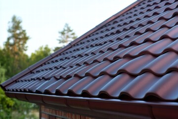 Dark red metal roof tiles enhance the aesthetic of a house in a quiet neighborhood