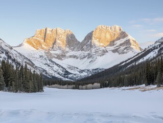 Fototapeta premium Snow-dusted mountain peaks rising above a frosty valley, illuminated by early sunlight, showcasing breathtaking winter wilderness and serenity.