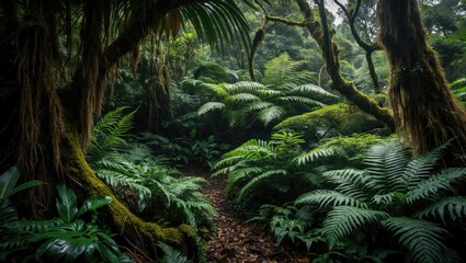 Lush tropical rainforest with dense greenery and ferns along a winding path surrounded by tall trees and vibrant foliage Copy Space