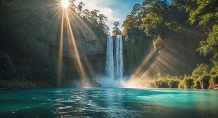 Majestic waterfall cascading into turquoise water with sunlight rays filtering through surrounding trees and misty atmosphere Copy Space