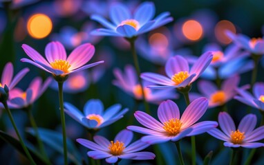 Fototapeta premium A stunning close-up of vibrant, glowing flowers in full bloom, illuminated with soft golden light. 