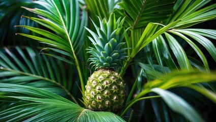 Pineapple growing among lush green tropical palm leaves with vibrant foliage and natural lighting Copy Space