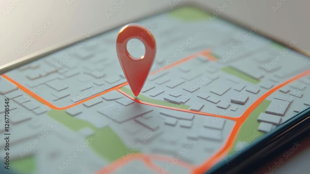 Poster Location pin marker glowing brightly on smartphone screen, highlighting precise destination with digital navigation guidance in slow motion tracking sequence